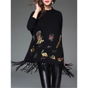 Keyingyi Beauty & Dignity cashmere blend peacock embroidery fringe tunic sweater